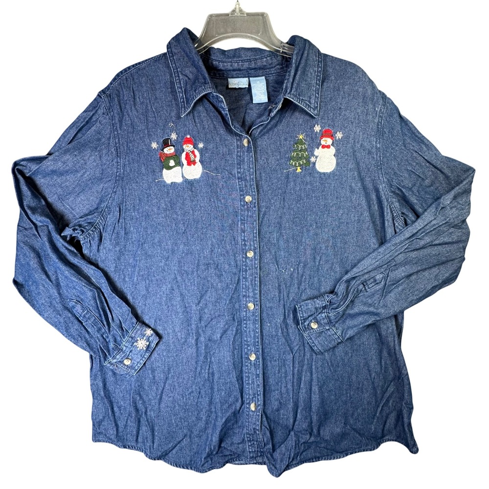 Holiday Editions Snowman Embroidered Denim Button Down Shirt Plus 1X Blue Cotton